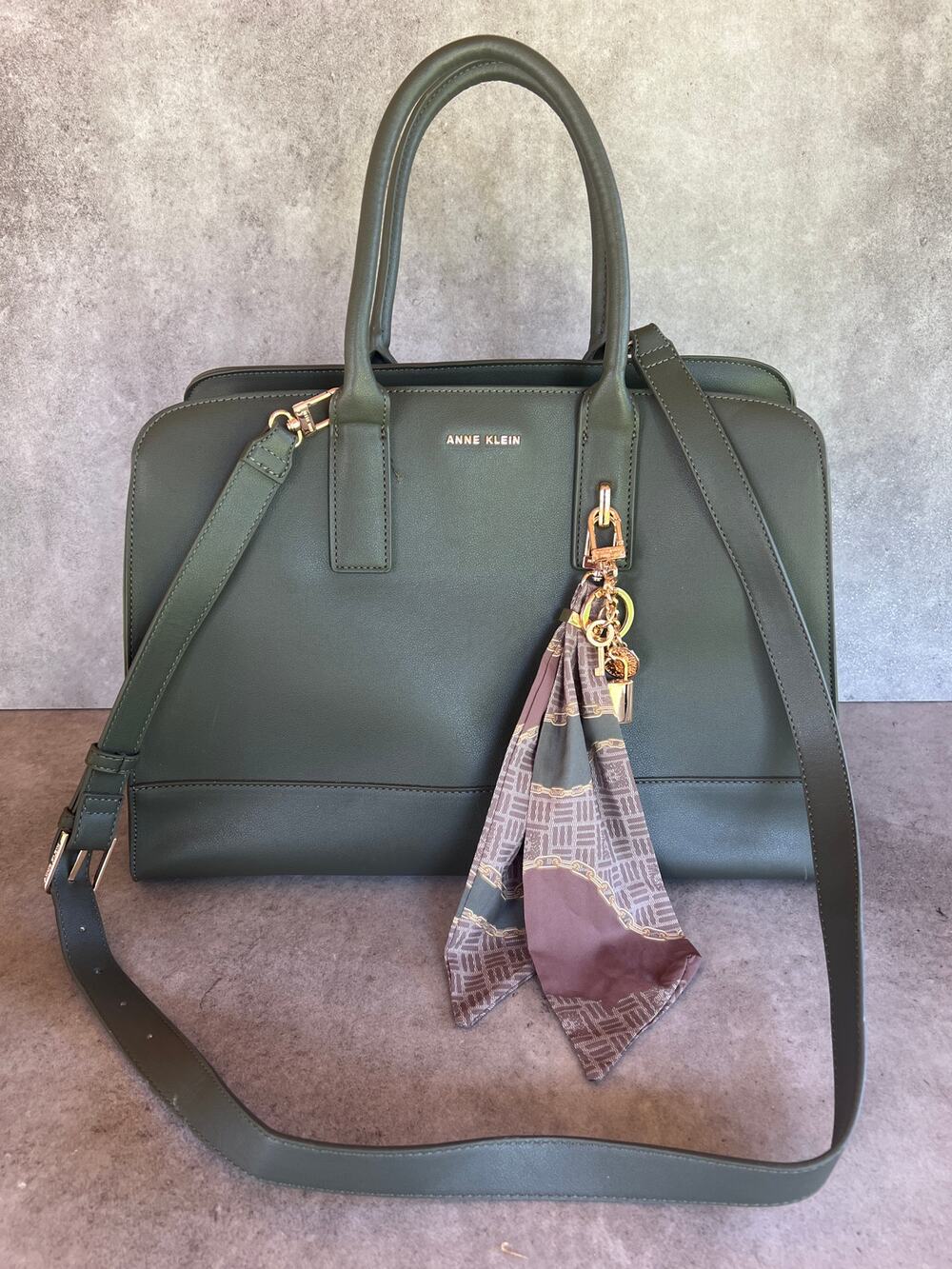Anne Klein Large scarf keychain satchel bag crossbody earthy green faux leather